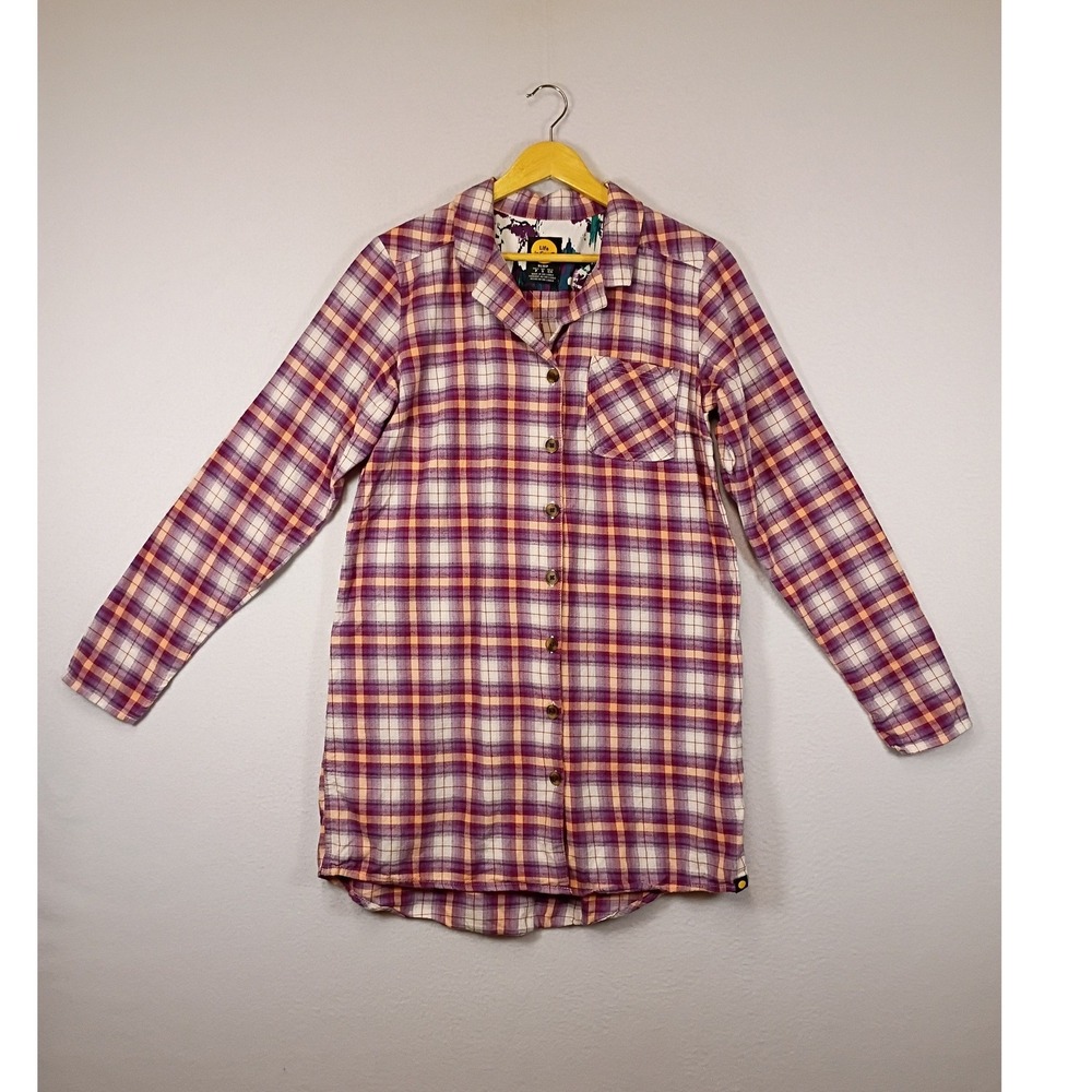 Cozy Plaid Life is Good Womens Small Purple Cotton Flannel Button Sleep Shirt